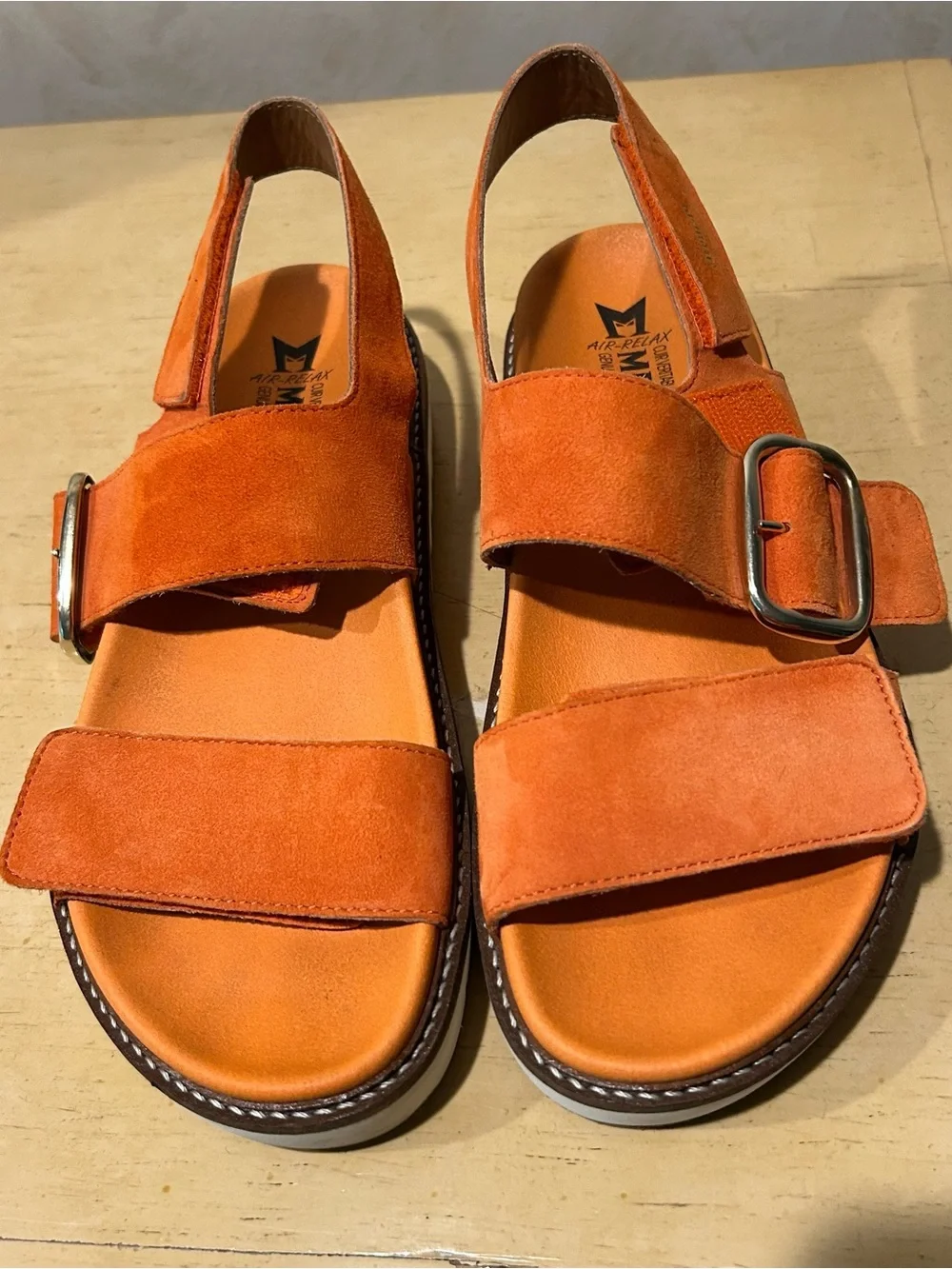 Mephisto women’s burnt orange platform suede sandal in size 8.5